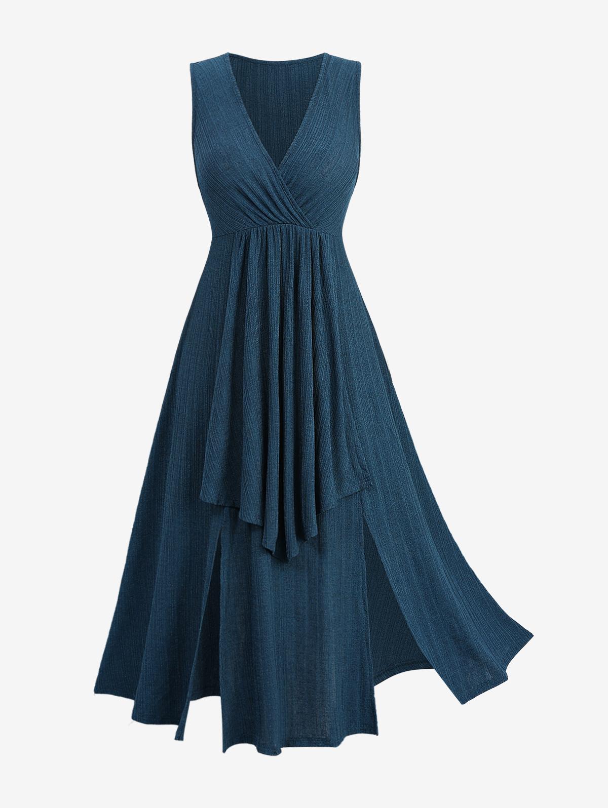 Rosegal Plus Size Surplice Текстурированное ребристое платье-трапеция с разрезом — фото 3