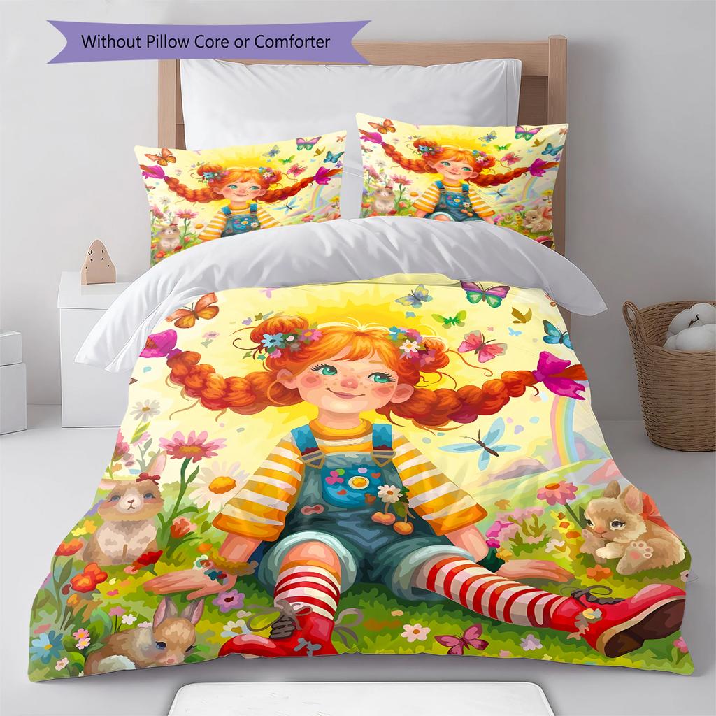 Pippi Longstocking Pattern Bedding,Quilt Set Quilt Cover Pillowcase Home Birthday Gift (1 * Duvet Cover + 2 * Pillowcase, Without Core)