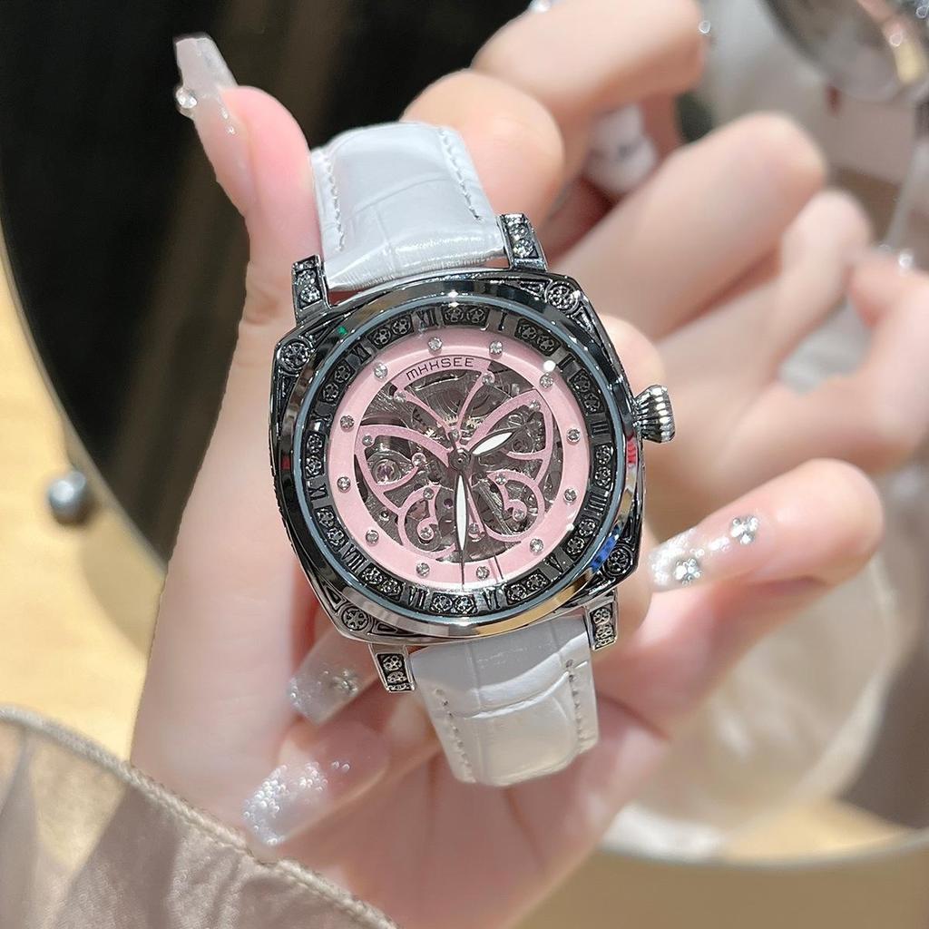 Automatic Mechanical Watch for Women Hollow‑Out Skeleton Dial Luminous Hands Watch Leather Band Waterproof