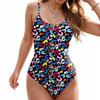 Women Print Jumpsuit Bikini Gather Push Up Sexy Sling Backless Swimsuit Women's Hanging Neck High Waist Suspender Bikini