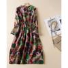 Real Spring New Literary Loose Cotton and Linen Printed Long-sleeved Dress Women's Medium and Long Models