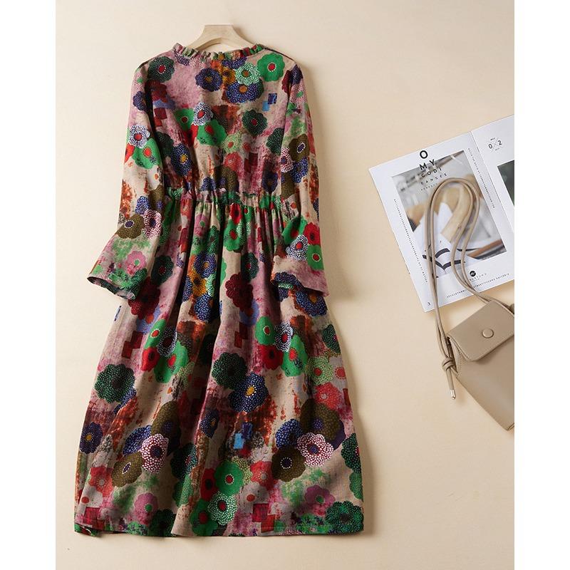 Real Spring New Literary Loose Cotton and Linen Printed Long-sleeved Dress Women's Medium and Long Models
