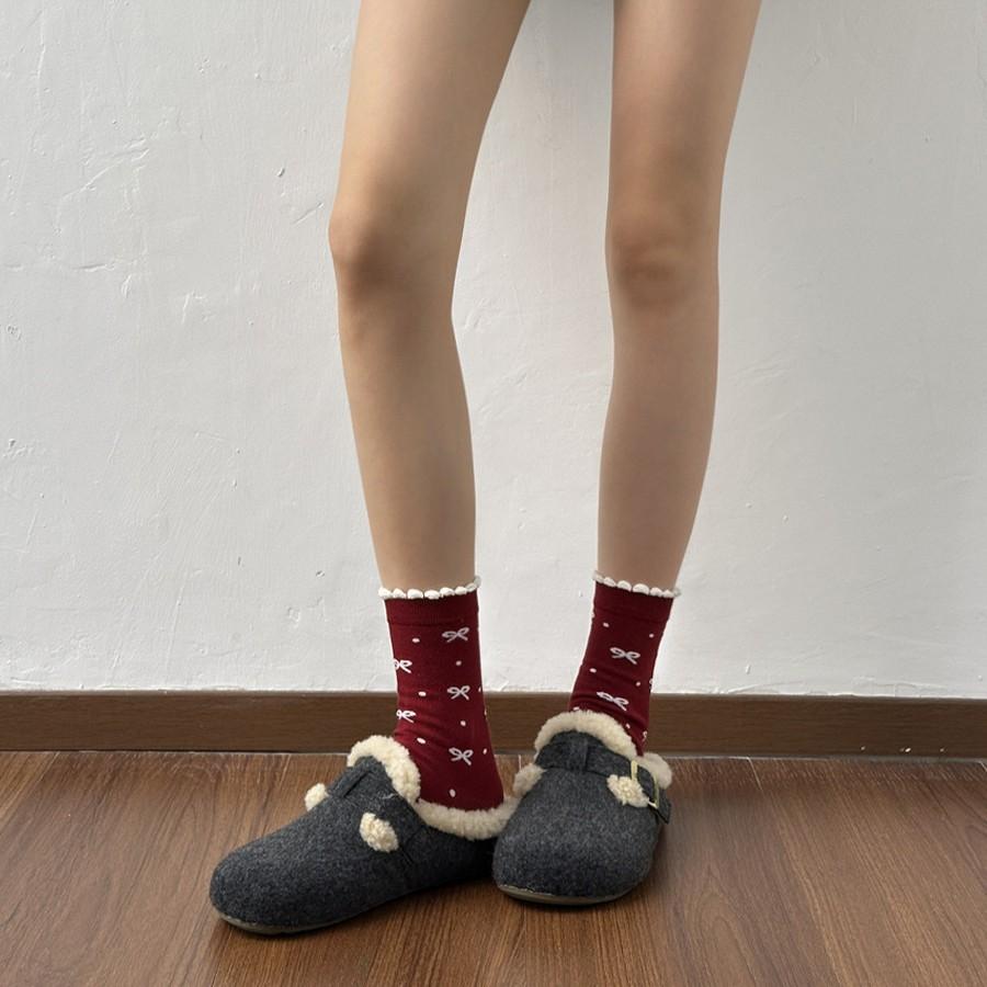 26 Year Of The Horse Red Socks Women'S Autumn And Winter New Japanese Bow Lace Cotton Socks Birthday New Year Red Stacking Socks