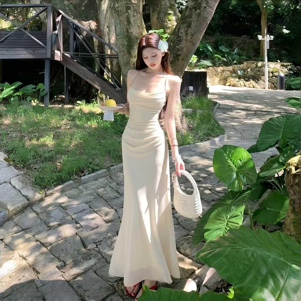 Light Luxury Swinging Neck Tulle Suspender Dress Female Slim Celebrity High-end Temperament Long Dress