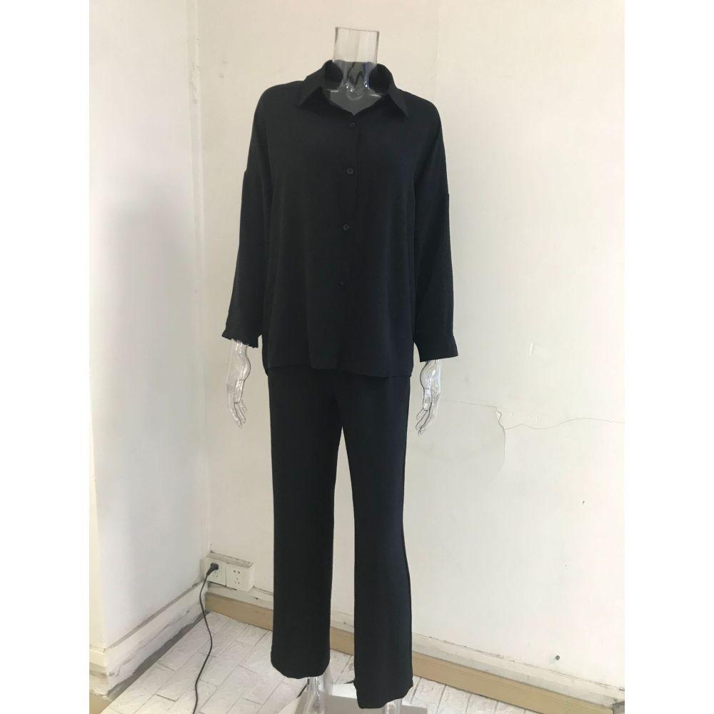 Women's 2-piece Casual Solid Color Loose Stretch Pleated Long-sleeved Shirt Wide-leg Pants