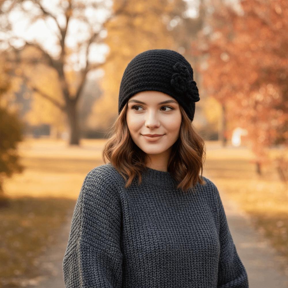 Solid Color Knitted Woolen Hat Elastic Flower Beanie Hat Sweet Winter Warm Hat  Women