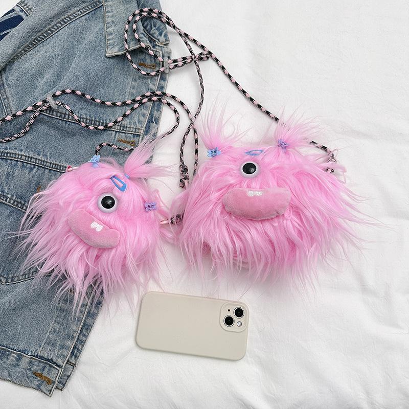 Women cute long hair little monster creative girl crossbody bag long braid funny doll shoulder bag girl