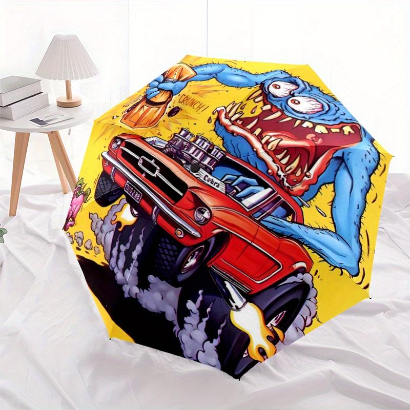 Theme Yellow Rat Fink Mighty Mustang Automatic Open/CloseUmbrella CuteUmbrella with Cute Design, Portable 3 Fold Compact Umbrella for Men & Women