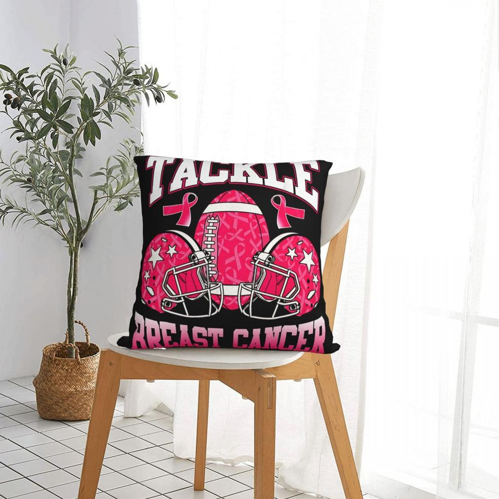 Tackle Cancer Football Pink Ribbon Breast Cancer Awareness Square Pillowcases Sofa Cushion Cover Decorative Throw Pillow Case