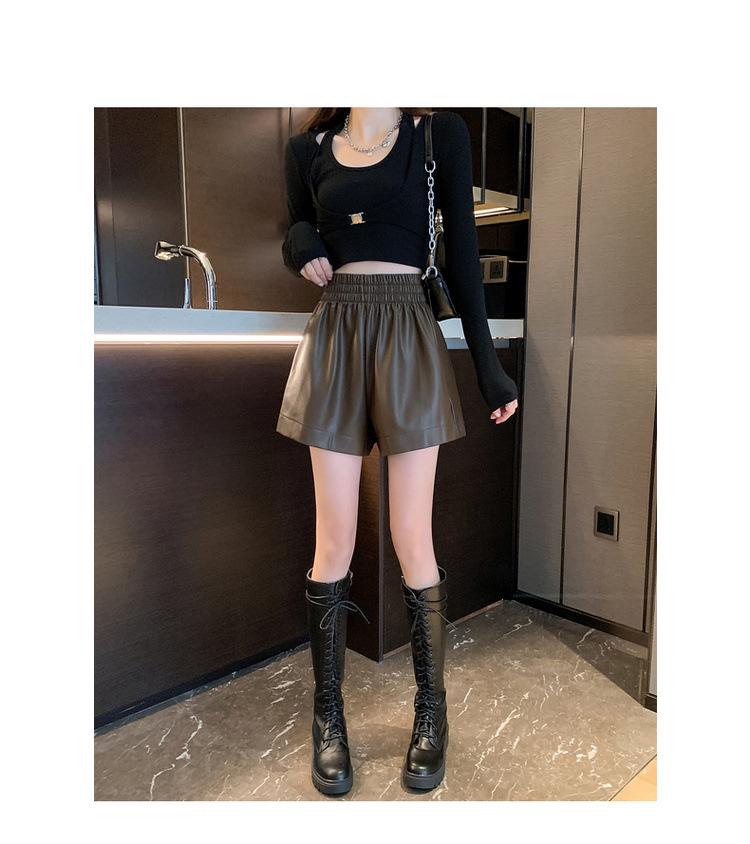 Women's High-Waisted Leather Shorts - Autumn/Winter Plus Size Wide-Leg Slimming Outerwear 2026