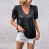 Plus Size Sequins Tops For Women Loose V Neck Short Sleeve Tunic Shirts Dressy Business Casual Party Blouse
