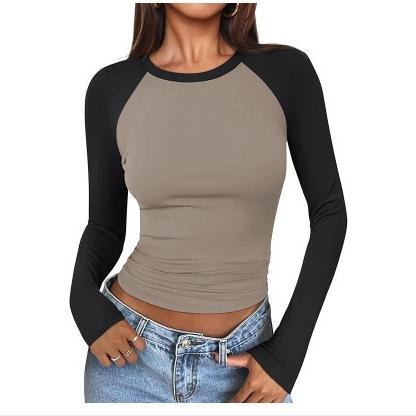 European and American T-shirt women's new sexy yoga hottie contrasting color round neck long-sleeved women's top