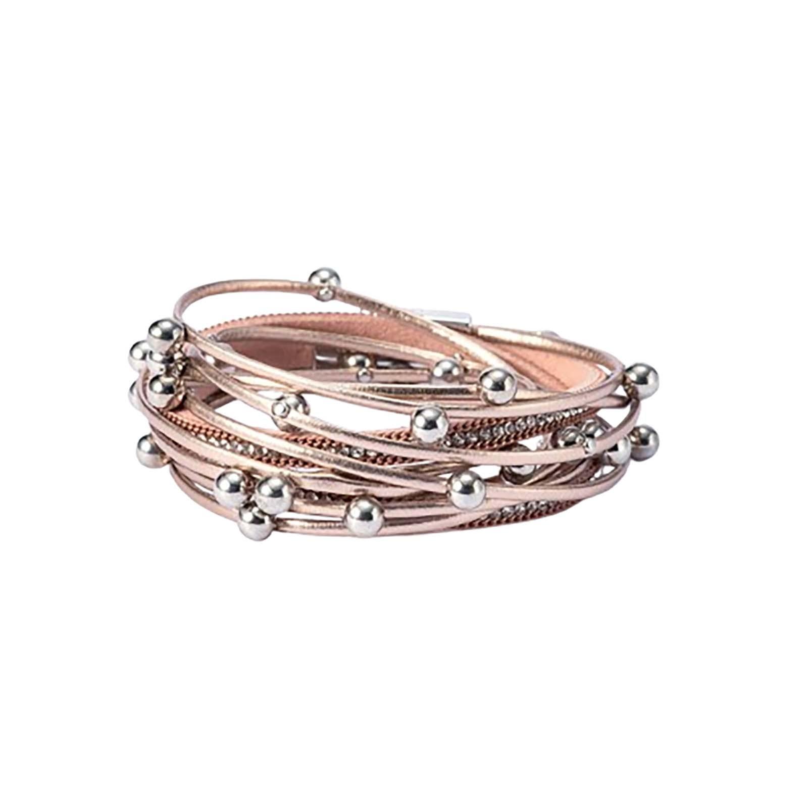 

Двухкруговой кожаный браслет с бусинами, многослойный кожаный браслет, модный женский браслет с магнитной застежкой и бриллиантами, ювелирные изделия One Size золотой