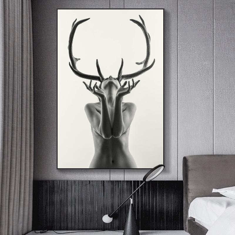 Nordic Modern Sexy Nude Woman Golden Deer Canvas Painting Naked Portrait Wall Art Picture for Living Room Home Decor Cuadros