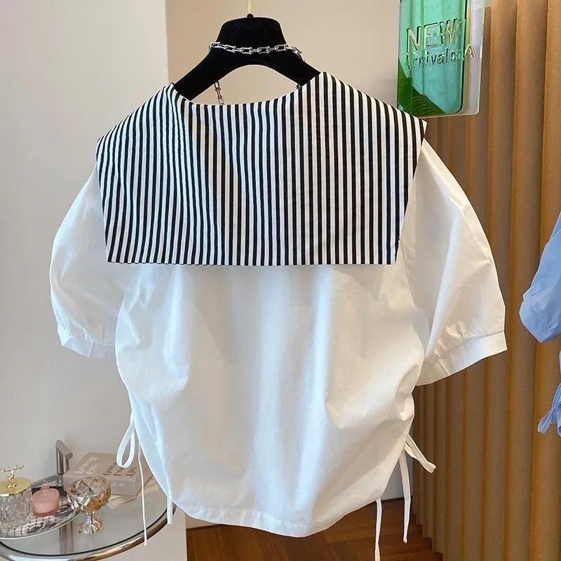 Women's Summer Korean-style Striped Collar Drawstring Shirt Academic Style Doll Collar Youthful Comfortable Top