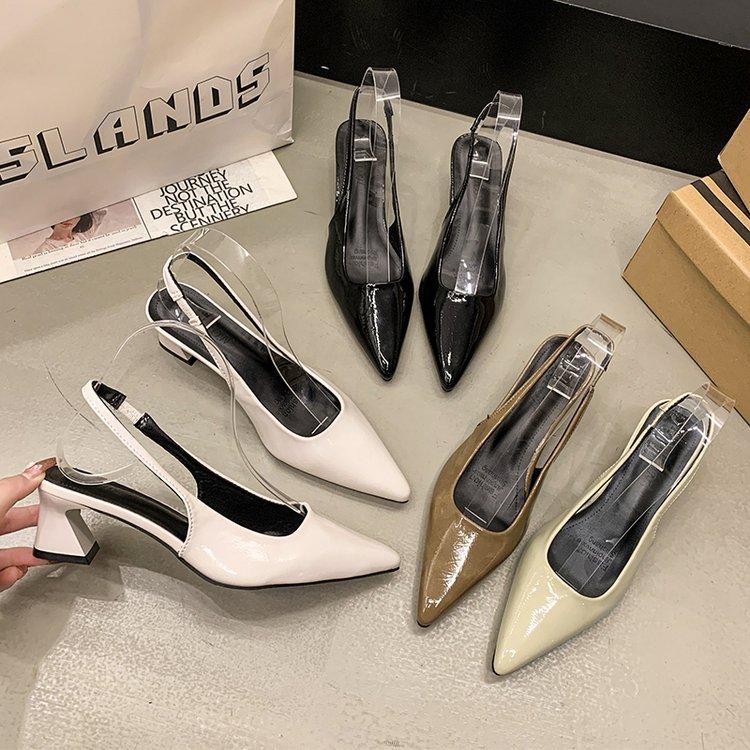 2025 Summer Patent Leather Pointed Head Bag Head Sandals Women's Thick Heel Sexy High Heels Temperament Empty Commuting French Single Shoes