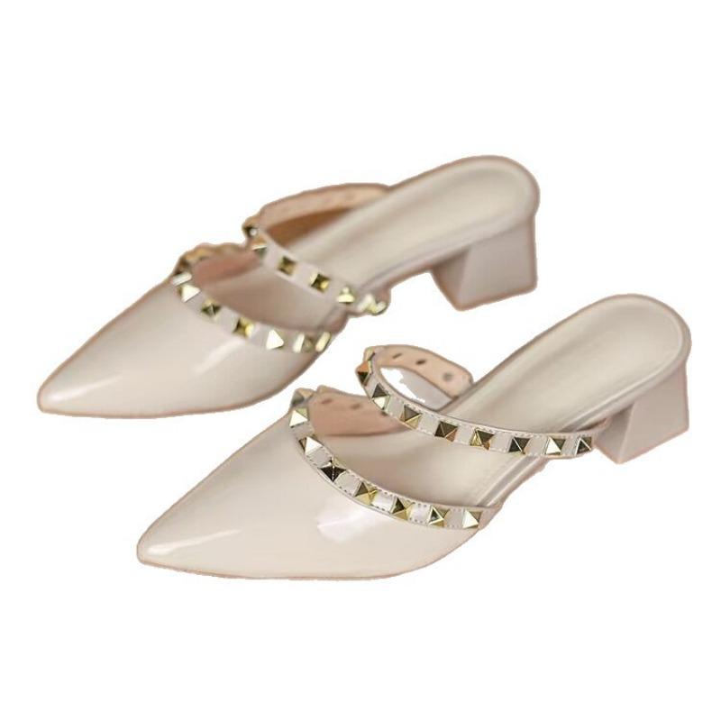 Rivet pointed shoes summer new shallow thick heel half slippers women's outer wear with skirt women's shoes