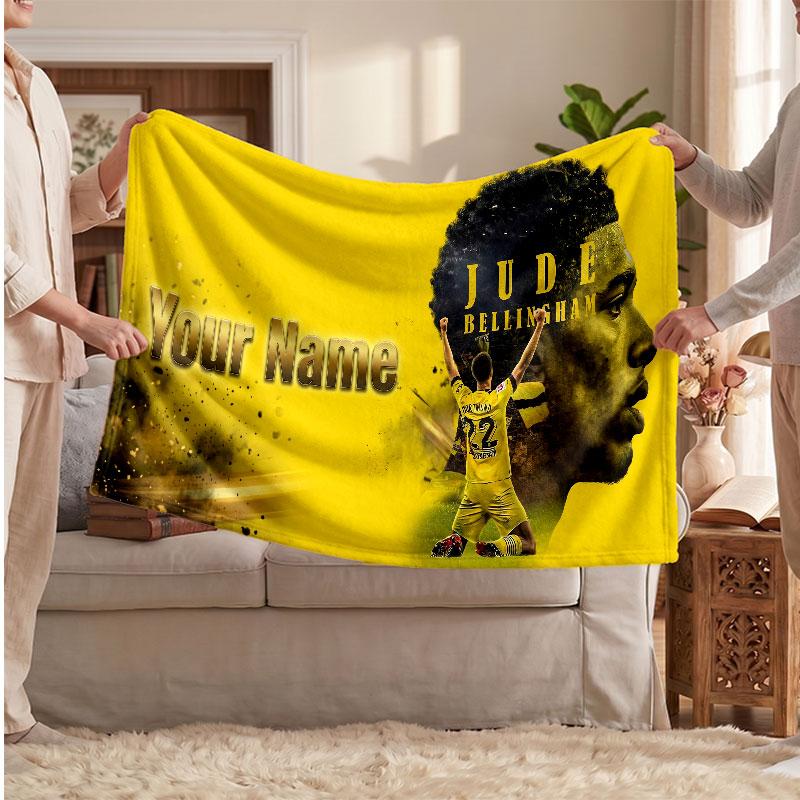 Coperta in Pile Personalizzata Jude Bellingham con Logo Calcio, Testo Nome Personalizzato Morbida Calda Coperta da Divano per la Casa