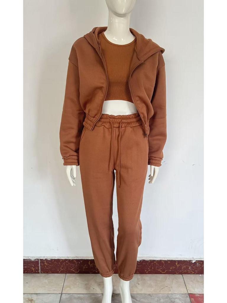 2025 Spring Women's Solid Color Hoodie & Casual Sport Pants 3-Piece Set