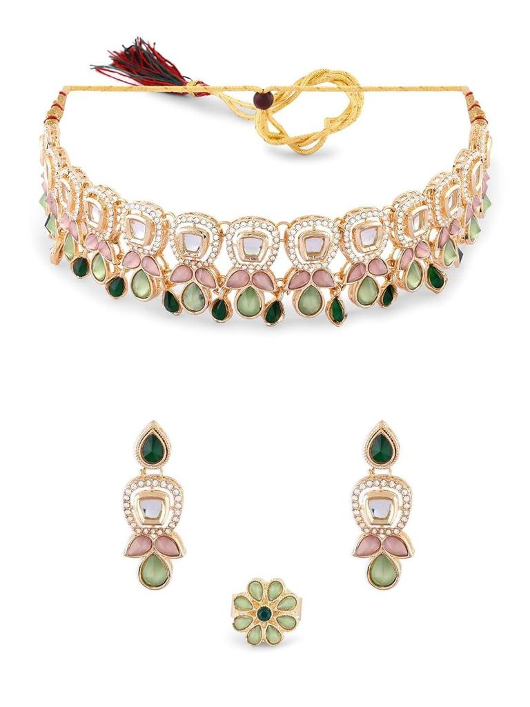 Green Pink Stones Austrian Diamonds Embellished Choker Necklace Earring & Ring Set For Women