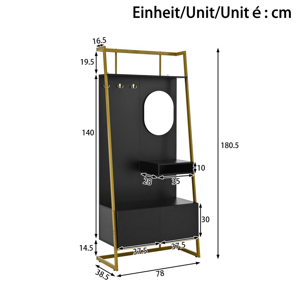 Modern Minimalist Compact Hallway Storage, Open Multifunctional Storage Cabinet with Mirror, Metal Hooks, Coat Rack with Shoe Bench,
