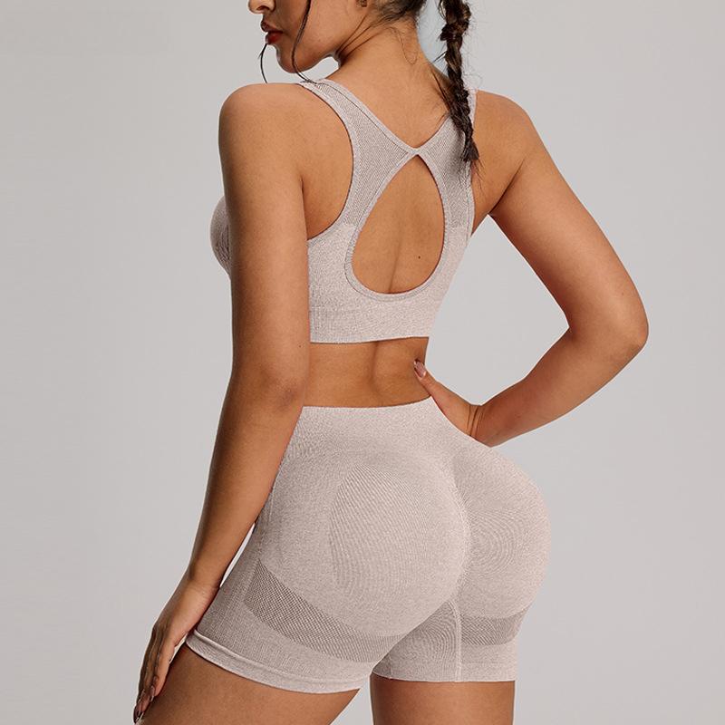Summer Sexy Back Hollow Out Seamless Yoga Set Women Fitness Outfits Peach Hip Shorts Suit Shockproof Sports Bra Gym Running Suits