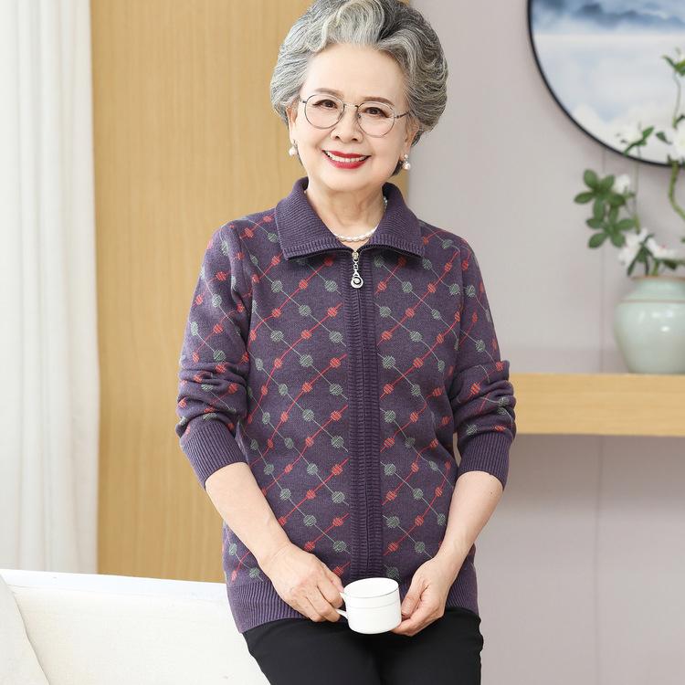 Pull Manteau Style Printemps et Automne pour Personnes d'Âge Moyen et Âgées Plus Peluche Grand-mère Nouveau Cardigan Haut Mère Automne Pull Tricoté Épaissi