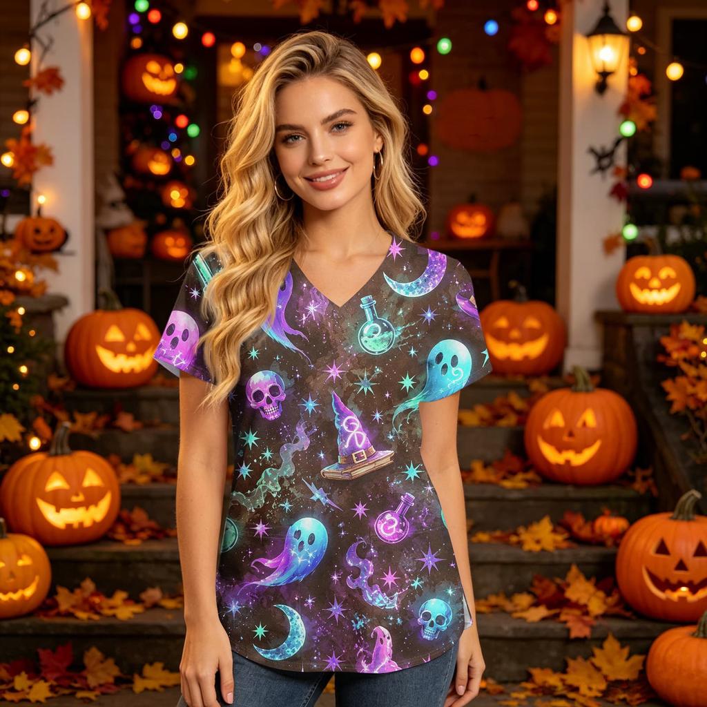Women V Neck Short Sleeve Top with Pockets Halloween Print Scrub Shirt for Healthcare Professionals Uniform