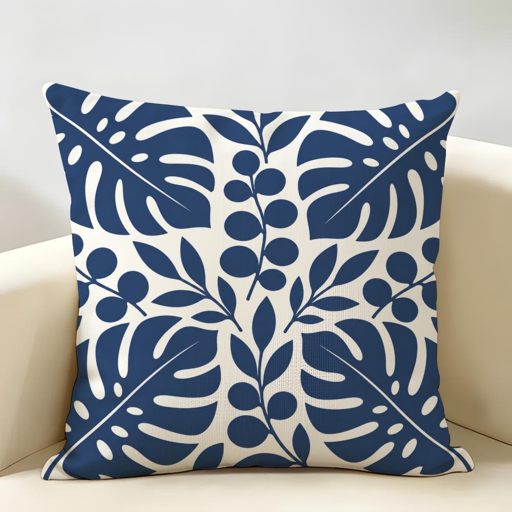 Blue Navy Tropical Silhouette Leaf Cushion Cover Durable Hypoallergenic Organic Linen Short Pillow Cover Washable