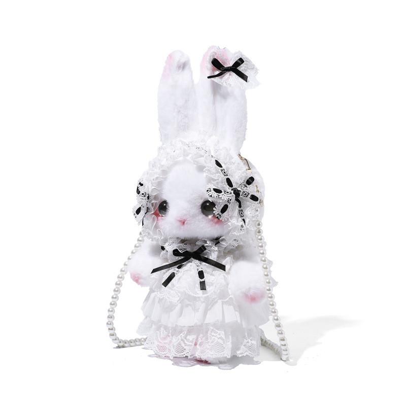 Girl Rabbit Plush Crossbody Bag With Pearl Chain And Lace For Daily Use