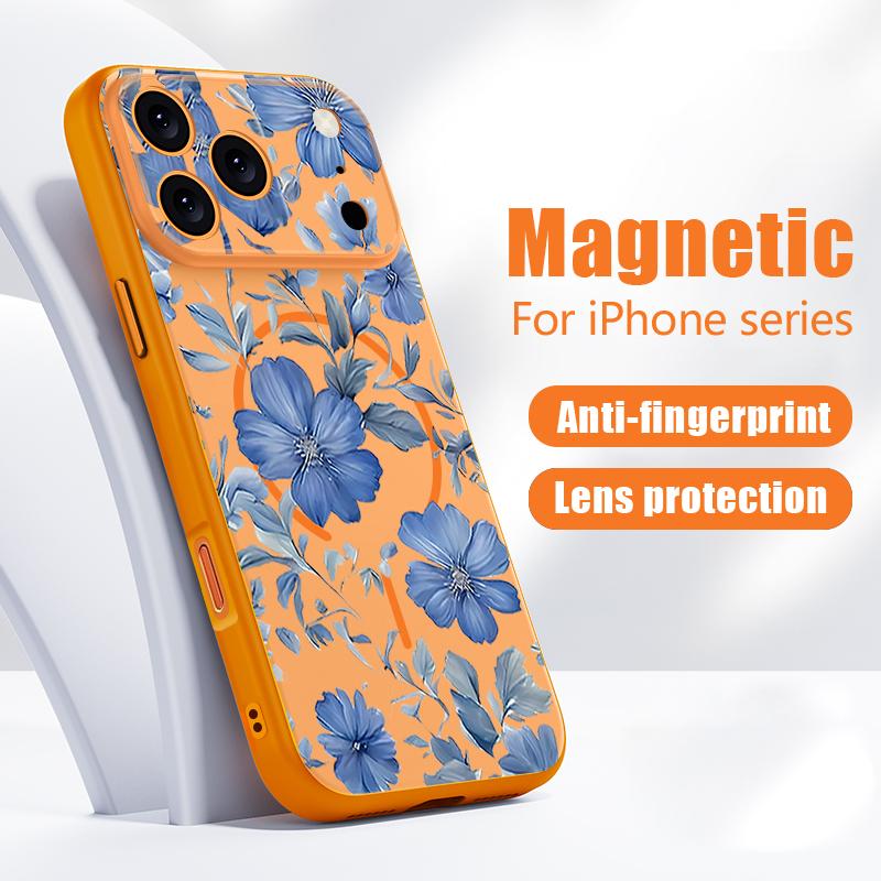 Magnetic For Magsafe Case For iPhone 17 Pro Max Pale Blue Flowers Pattern Skin Feeling Cover For iPhone 16 15 14 13 Pro Max