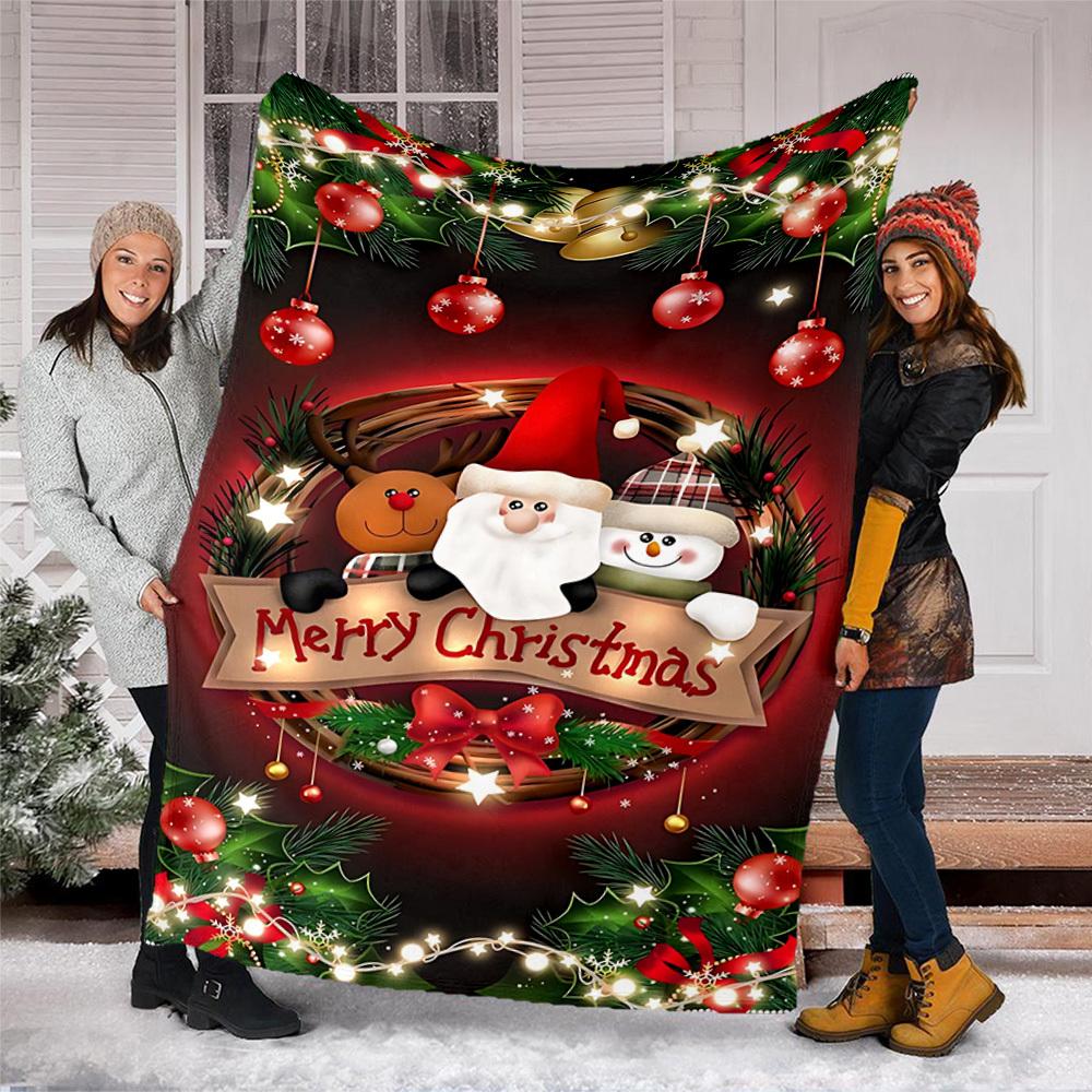 1pc Christmas wreath Outdoor Flannel Blanket , Machine Washable Perfect Gift for Birthday , Holiday Travel Accessory , Durable Material