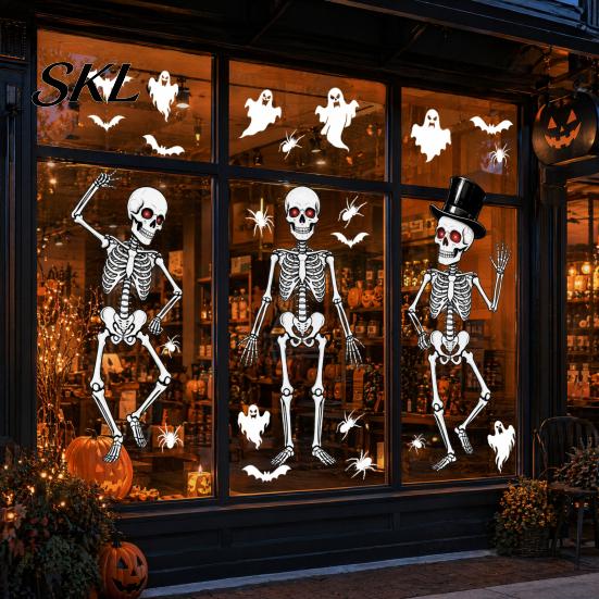 Wear-resistant Glass Cling 3Pcs Halloween Skeleton Stickers, Waterproof PVC Window Clings, Static Decals, Durable Removable Stickers for Home