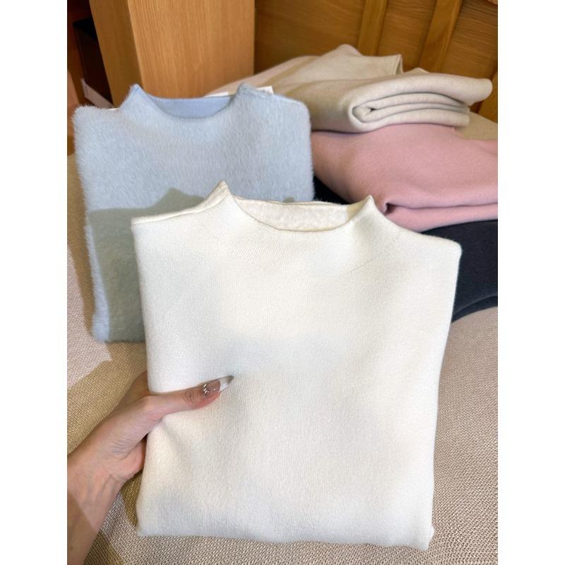 Thickened integrated fleece warm sweater women's semi-turtleneck stacked inside top autumn and winter fleece bottomed knitted sweater