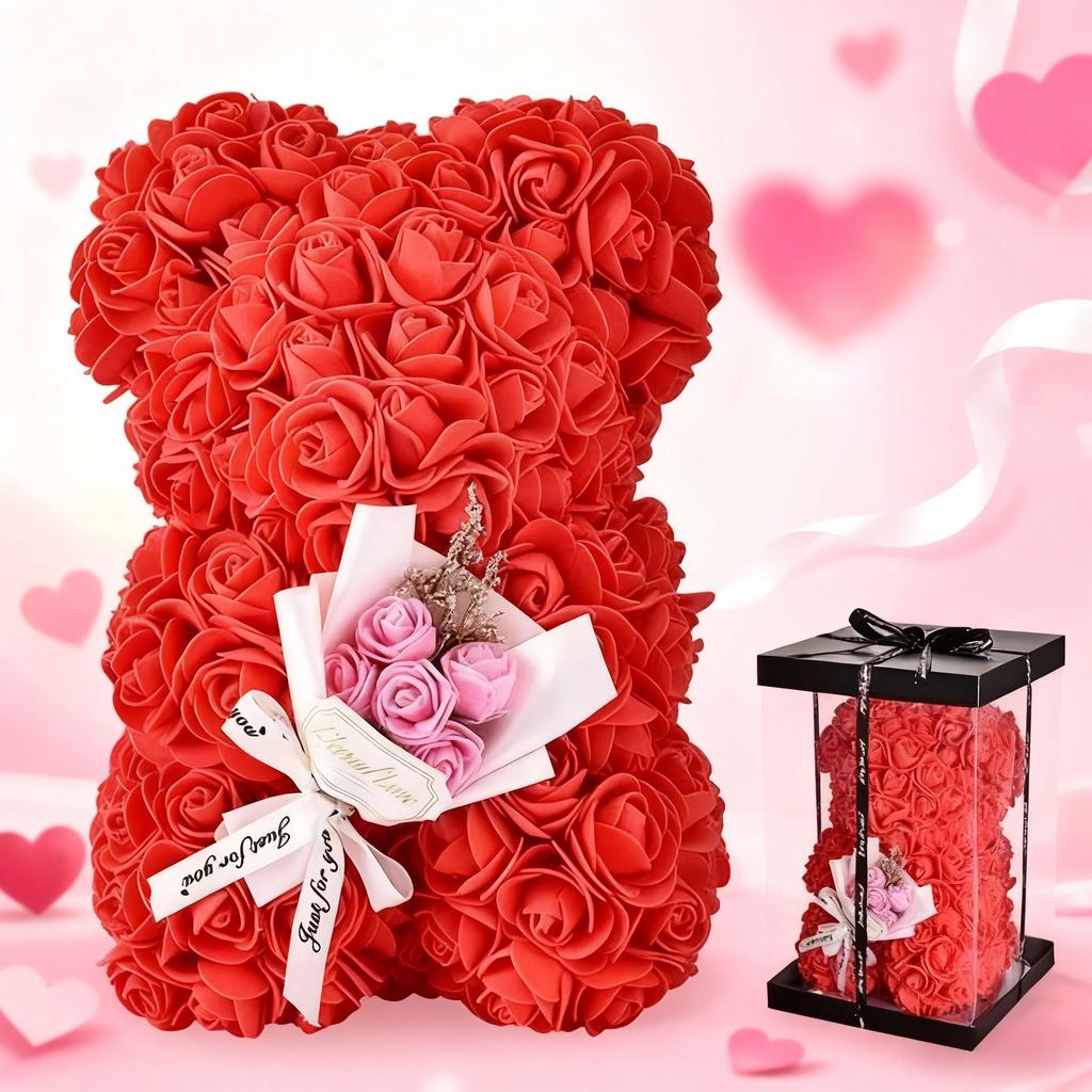 25cm Rose Flower Teddy Bear Gift Set In Premium Box Valentines Day Present For Her Mothers Birthday Anniversary Romance