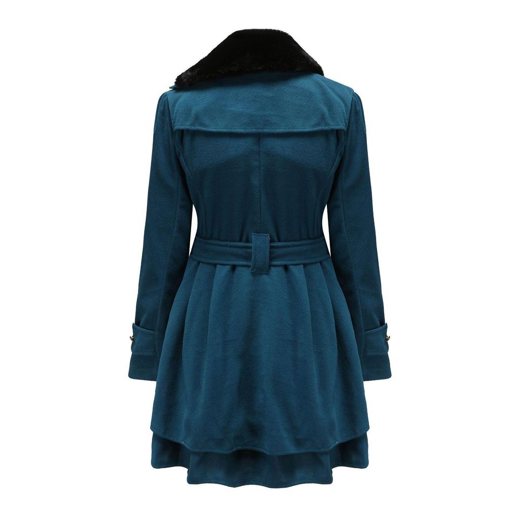 Women's Double-Breasted Wool Trench Coat with Fur Collar - Autumn/Winter Skirt Style