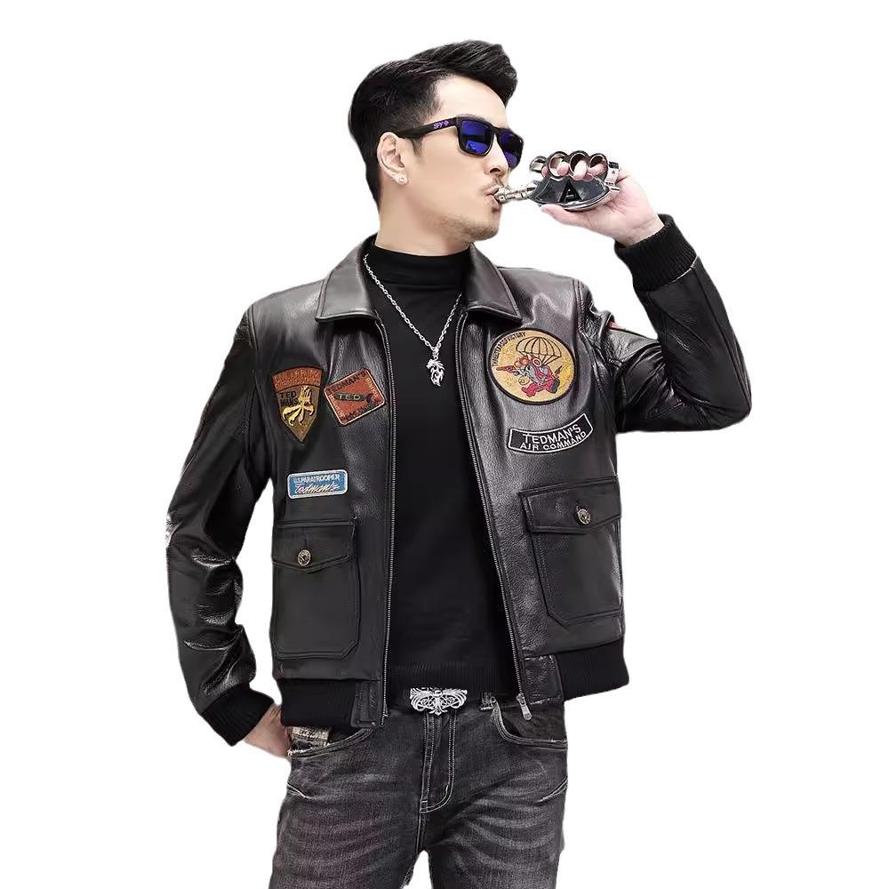 New Genuine Leather Jacket Men's Short Top Layer Goat Leather Spring and Autumn Lapel Leather Jacket Motorcycle Jacket