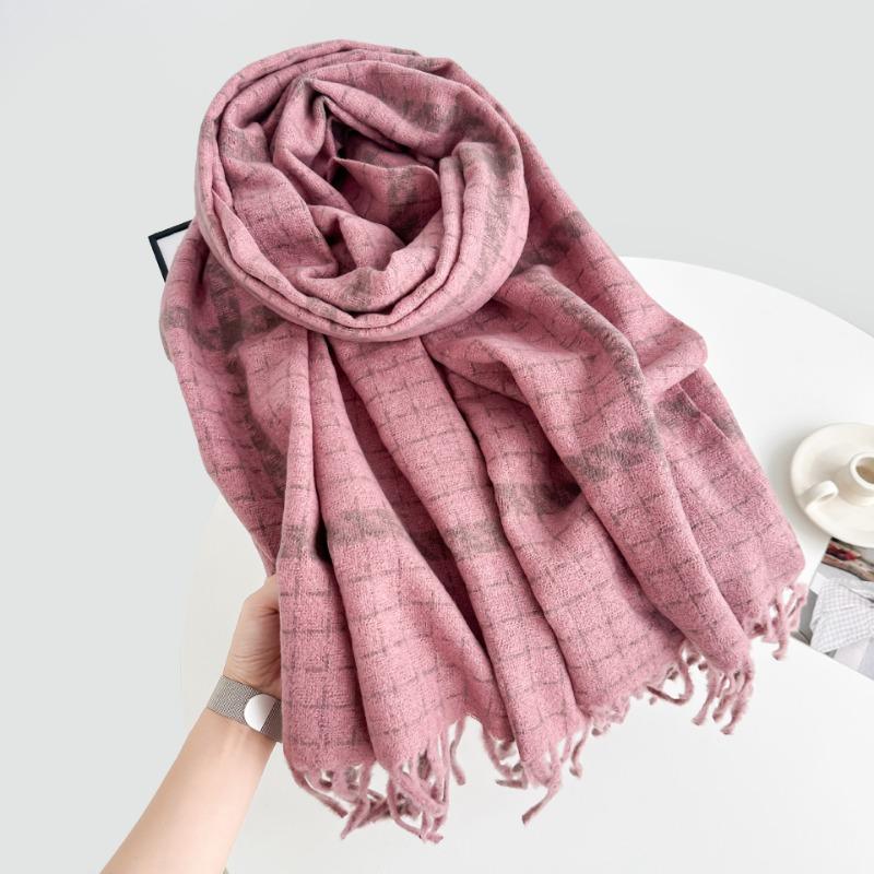 New Thickened Plaid Scarf White Soft Tassel Shawl Imitation Cashmere Scarf in Autumn and Winter
