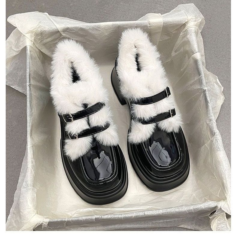 British Style Small Leather Shoes Women's 2025 Autumn and Winter New Thick-soled Heightening Velvet Mary Jane Shoes Cotton Shoes Fluffy Shoes