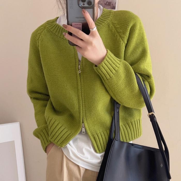 Avocado Green Double Zipper Knit Cardigan Sweater – Slimming, Versatile, Short Outerwear for Women