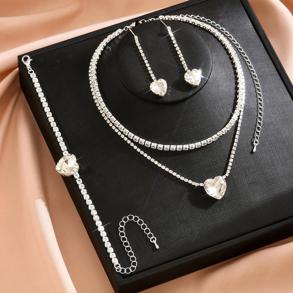 Jewelry Heart Rhinestone Necklace Earrings Bracelet Three-piece Set Fashion Bridal Set Dress Accessories Women's
