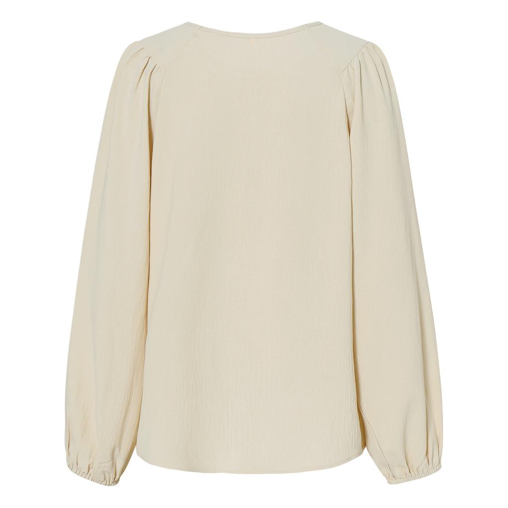 Women Autumn Solid Color Round Neck Pullover Loose Long Sleeve T Shirt Top