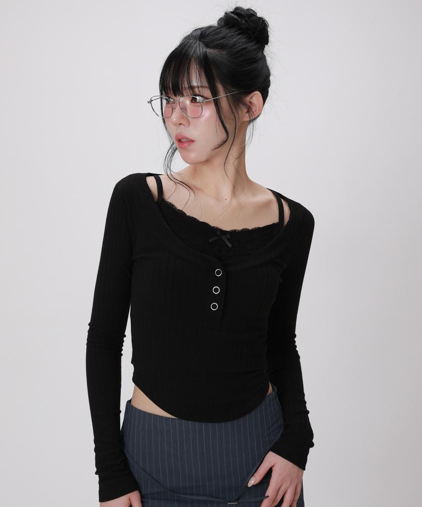 LIKE THE MOST Rib Henley Neck Slim Long Sleeve Top_Black