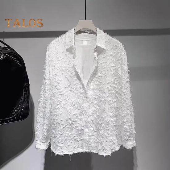 Men Shirt Long Sleeve Solid Color Fuzzy Tassel Button-down Cardigan Mid Length Regular Fit Streetwear Club Shirt for Daily Wear Parties Travel