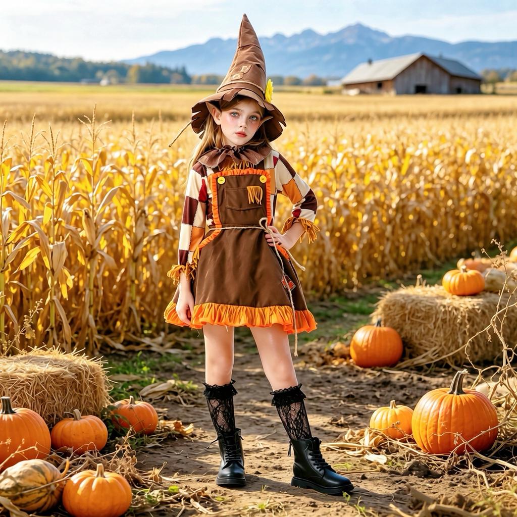 Halloween costumes for kids: pumpkin costume, scarecrow costume, farm-themed outfit, country-style dress for girls, hunter costume