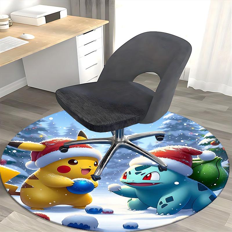 1pc Christmas Pikachu & Bulbasaur Santa Hat Round Carpet - Anime Design Office Chair Mat, Non-Slip Rug for Home Decor, Living Room