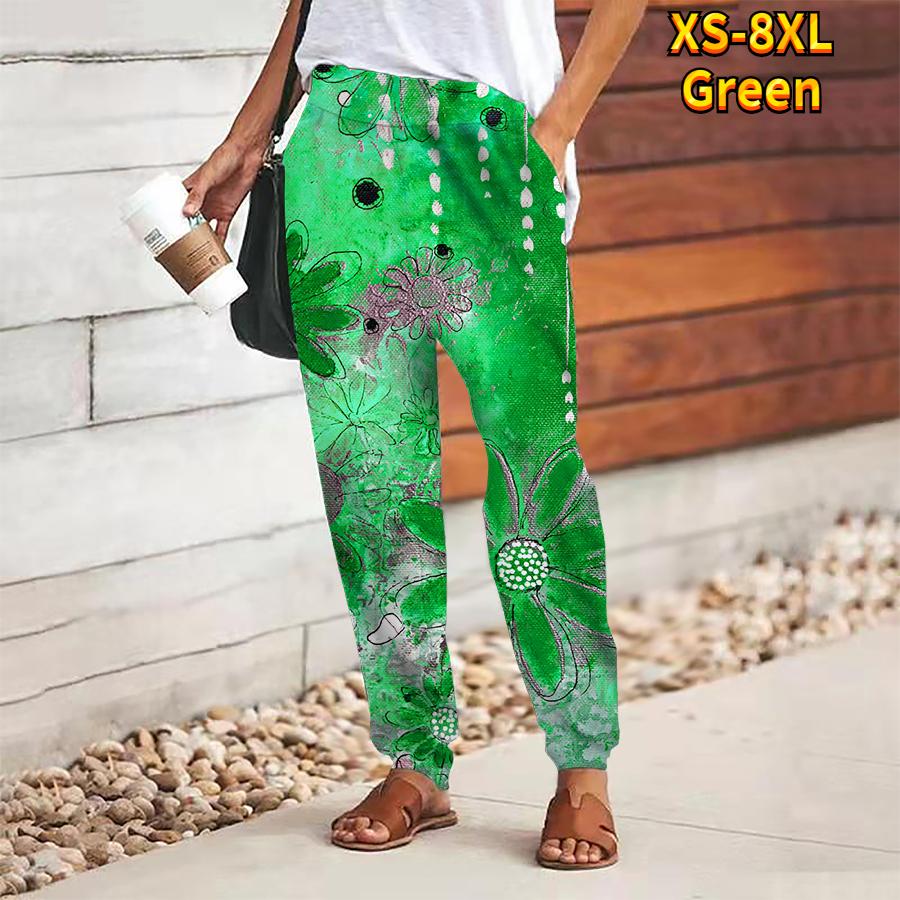 Women Flower Printing Pants Lace Up Elastic Waist Loose  Trousers Casual Long Pants Trousers with Pockets