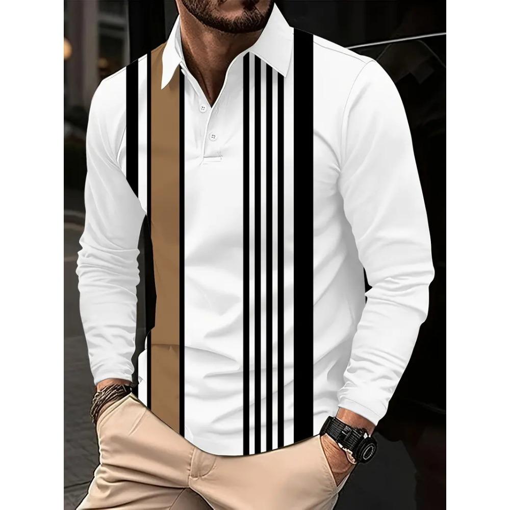 Fashion Men's Sweatshirt Long Sleeve Lapel Top Button Down Striped Polo Shirt