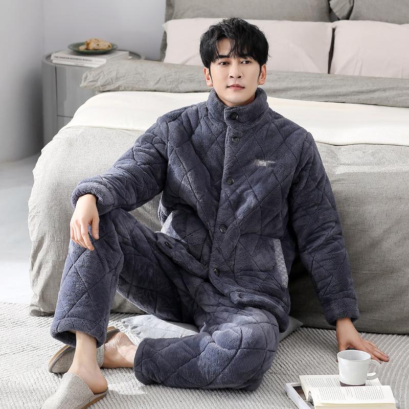 

Пижама мужская зимняя трехслойная утолщенная стеганая куртка коралловый флис носимый домашний комплект 3XL