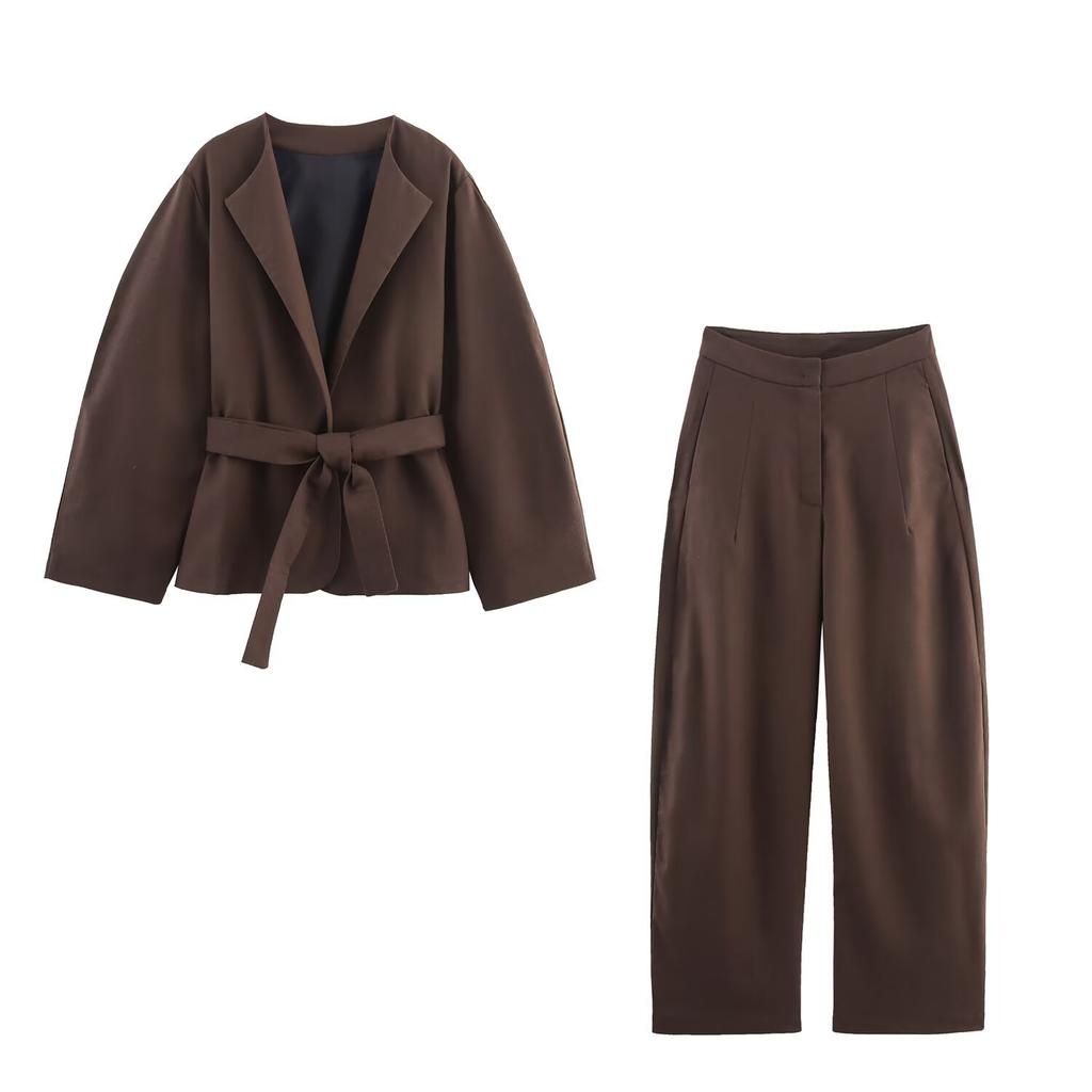 European and American Cross-border Women's Clothing Wholesale Women's Linen Belt Kimono Outerwear Linen Balloon Pants Set